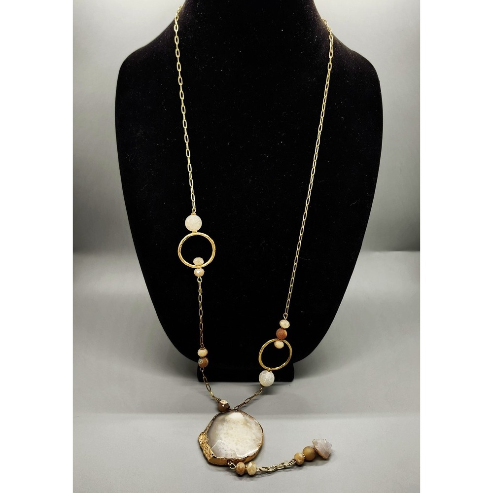 Long Y Lariat Necklace Gold Tone Natural Agate Slice Beaded Tassel Pendant